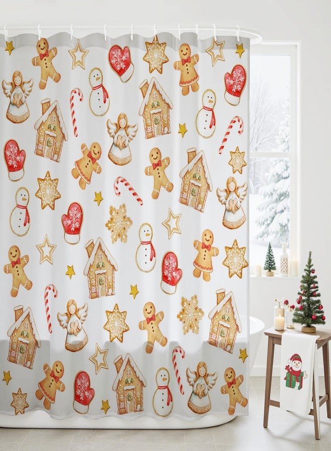 Mocsicka Christmas Shower Curtain Gingerbread Christmas Bathroom Decor Vintage Gingerbread House with Candy Cartoon Waterproof Washable Bath Curtain (White, 71x71inch) - Image 1