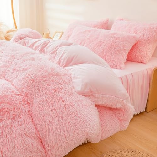 ERLOXO Fluffy Pink Faux Fur Comforter Cover Set，Fuzzy Plush Bedding 3Pcs (1 Faux Fur Duvet Cover +2 Fuzzy Pillowcases) Fluffy Bed Set (Pink, Queen) - Image 4