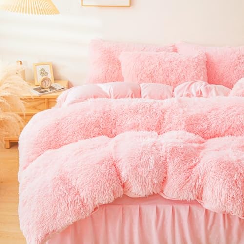 ERLOXO Fluffy Pink Faux Fur Comforter Cover Set，Fuzzy Plush Bedding 3Pcs (1 Faux Fur Duvet Cover +2 Fuzzy Pillowcases) Fluffy Bed Set (Pink, Queen) - Image 5