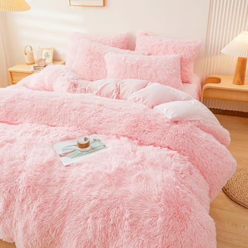 ERLOXO Fluffy Pink Faux Fur Comforter Cover Set，Fuzzy Plush Bedding 3Pcs (1 Faux Fur Duvet Cover +2 Fuzzy Pillowcases) Fluffy Bed Set (Pink, Queen) - Image 3