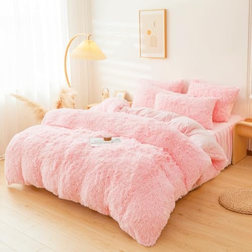 ERLOXO Fluffy Pink Faux Fur Comforter Cover Set，Fuzzy Plush Bedding 3Pcs (1 Faux Fur Duvet Cover +2 Fuzzy Pillowcases) Fluffy Bed Set (Pink, Queen) - Image 2