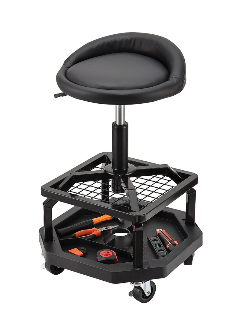 LAWAZIM Pro7 Mechanic Stool with Tool Tray Storage - Black - Padded Rolling Creeper Shop Seat with Adjustable Height, Two Storage Levels, and 360° Swivel Wheels - for Garage, Workshop, Automotive - Image 1