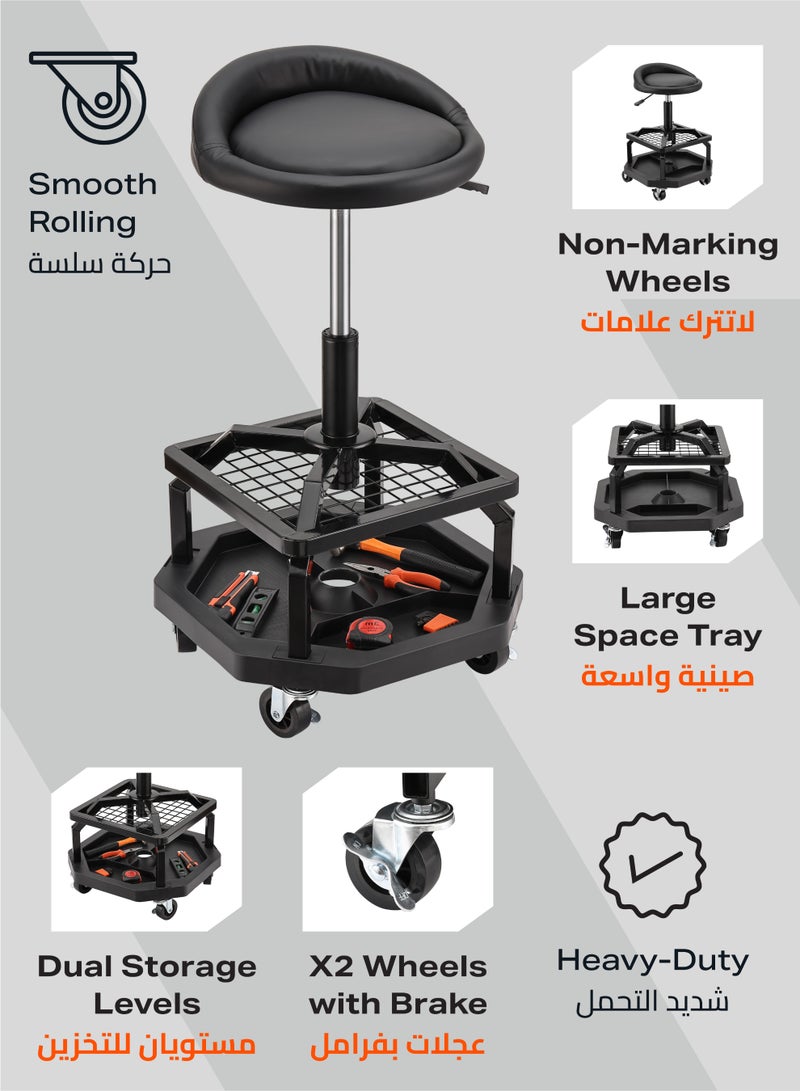LAWAZIM Pro7 Mechanic Stool with Tool Tray Storage - Black - Padded Rolling Creeper Shop Seat with Adjustable Height, Two Storage Levels, and 360° Swivel Wheels - for Garage, Workshop, Automotive - Image 4