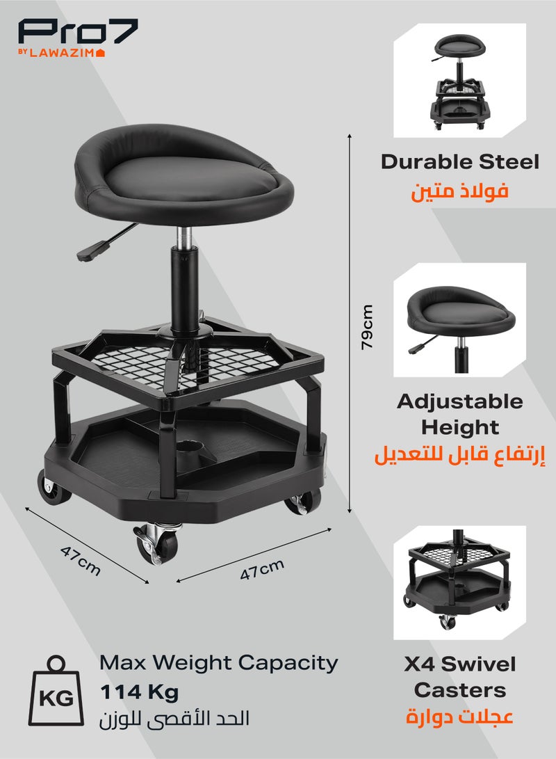 LAWAZIM Pro7 Mechanic Stool with Tool Tray Storage - Black - Padded Rolling Creeper Shop Seat with Adjustable Height, Two Storage Levels, and 360° Swivel Wheels - for Garage, Workshop, Automotive - Image 2