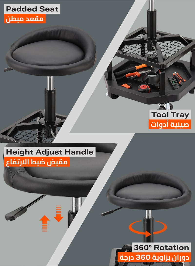 LAWAZIM Pro7 Mechanic Stool with Tool Tray Storage - Black - Padded Rolling Creeper Shop Seat with Adjustable Height, Two Storage Levels, and 360° Swivel Wheels - for Garage, Workshop, Automotive - Image 3