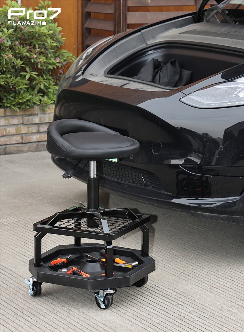LAWAZIM Pro7 Mechanic Stool with Tool Tray Storage - Black - Padded Rolling Creeper Shop Seat with Adjustable Height, Two Storage Levels, and 360° Swivel Wheels - for Garage, Workshop, Automotive - Image 5