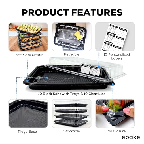 ebake 10 Pack Catering Trays with Lids – 13" Serving Tray with Lid, Heavy Duty Recyclable Plastic Party Platters for Catering, Buffet, Picnics & Events – Food Trays with Clear Lid (13.39 × 9.84 × 2.95 inch) - Image 3