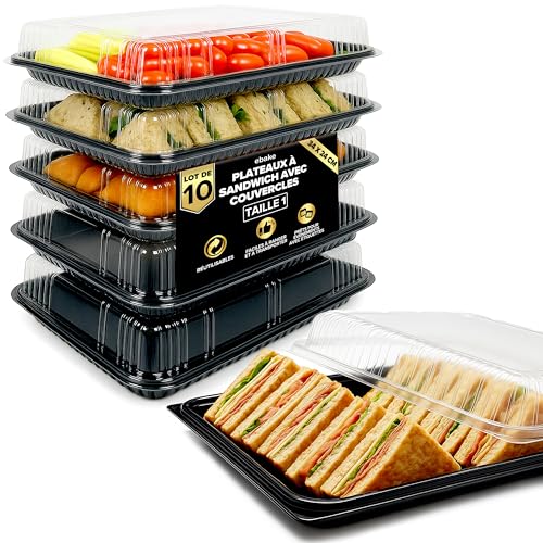 ebake 10 Pack Catering Trays with Lids – 13" Serving Tray with Lid, Heavy Duty Recyclable Plastic Party Platters for Catering, Buffet, Picnics & Events – Food Trays with Clear Lid (13.39 × 9.84 × 2.95 inch) - Image 1