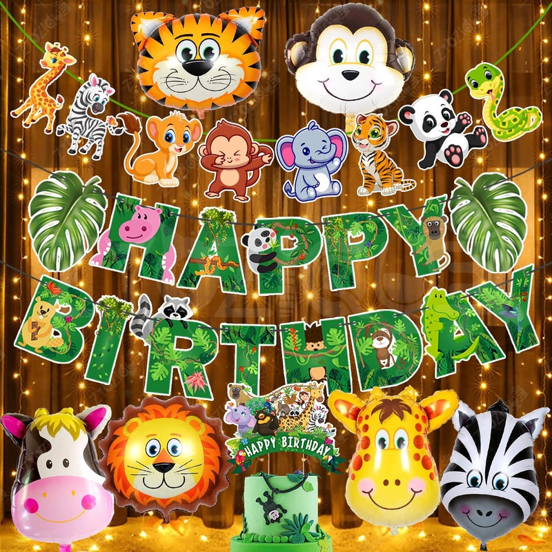 Zyozique® Safari Birthday Decorations Set | Animal Birthday Party Backdrop Decorations Combo - Paper Banner, Character Banner, Rice Light, Foil Balloons & Cake Topper (Pack Of 10) - Image 1