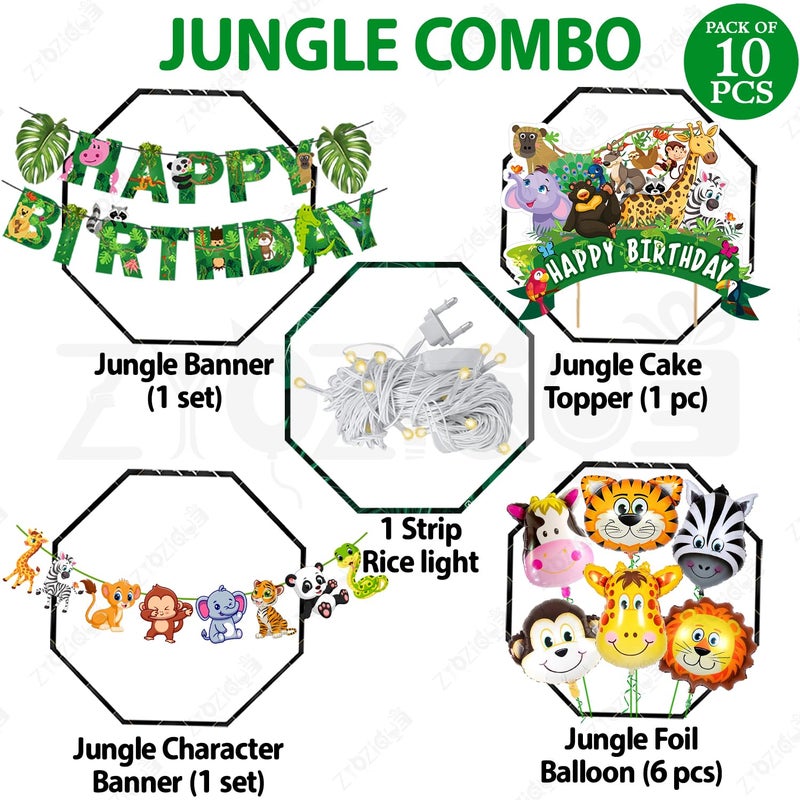 Zyozique® Safari Birthday Decorations Set | Animal Birthday Party Backdrop Decorations Combo - Paper Banner, Character Banner, Rice Light, Foil Balloons & Cake Topper (Pack Of 10) - Image 2