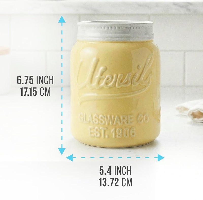 Comfify Wide Mouth Mason Jar Utensil Holder Decorative Kitchenware Organizer Crock, Dishwasher Safe - Kitchen Caddy Green, Large Size 7" High - Yellow - Image 3