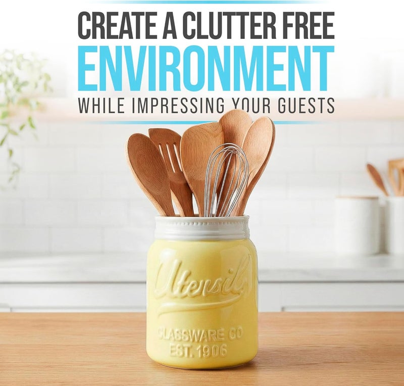 Comfify Wide Mouth Mason Jar Utensil Holder Decorative Kitchenware Organizer Crock, Dishwasher Safe - Kitchen Caddy Green, Large Size 7" High - Yellow - Image 2
