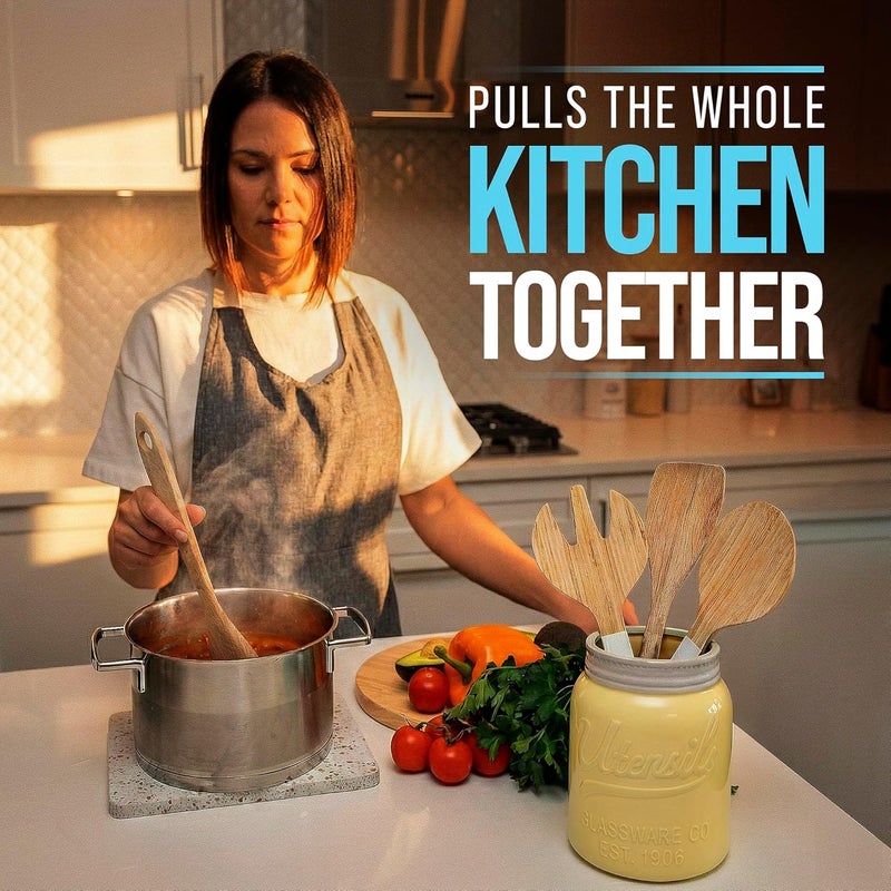 Comfify Wide Mouth Mason Jar Utensil Holder Decorative Kitchenware Organizer Crock, Dishwasher Safe - Kitchen Caddy Green, Large Size 7" High - Yellow - Image 4