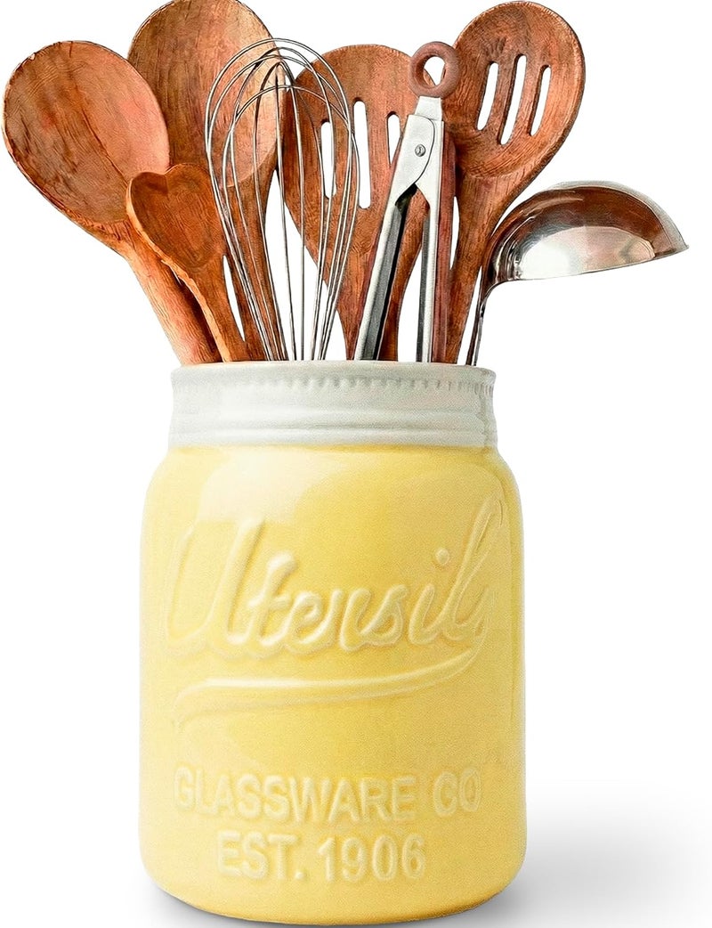 Comfify Wide Mouth Mason Jar Utensil Holder Decorative Kitchenware Organizer Crock, Dishwasher Safe - Kitchen Caddy Green, Large Size 7" High - Yellow - Image 1