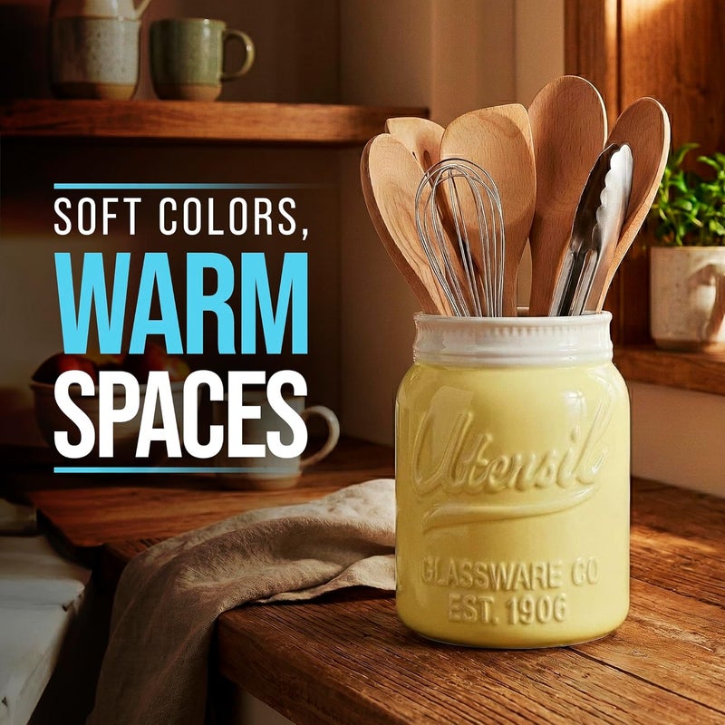 Comfify Wide Mouth Mason Jar Utensil Holder Decorative Kitchenware Organizer Crock, Dishwasher Safe - Kitchen Caddy Green, Large Size 7" High - Yellow - Image 5