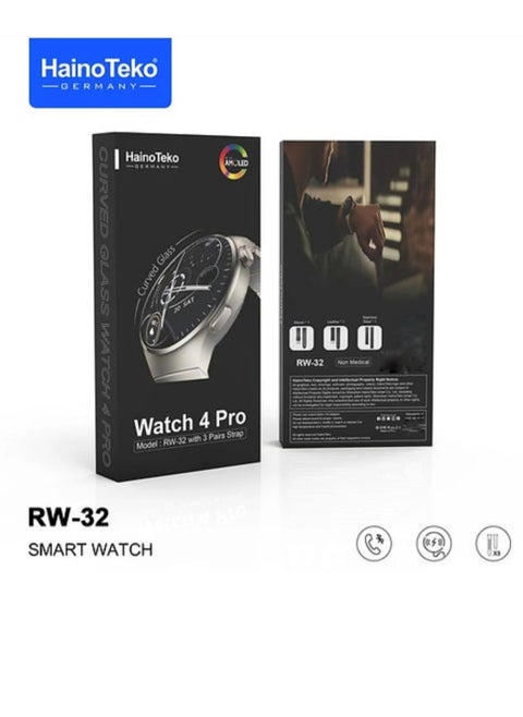 ساعة ذكية Haino Teko RW32 HD IPS شاشة Amoled، زجاج منحني مع 3 أشرطة سيليكون وستانلس ستيل وجلد