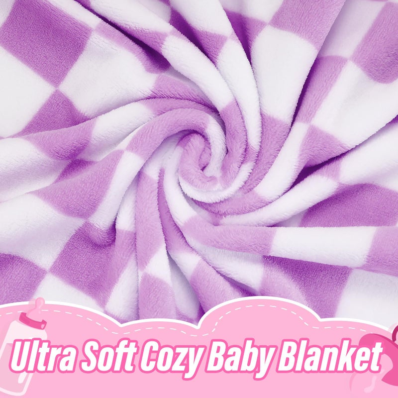 GreatBba Plush Checkered Baby Blanket for Boys Girls Nursery, 30"*40" Warm Short Fleece Blanket Neutral for Infant Newborn, Small Fuzzy for Sleeping, Chenille or Stroller (Purple&White) - Image 2