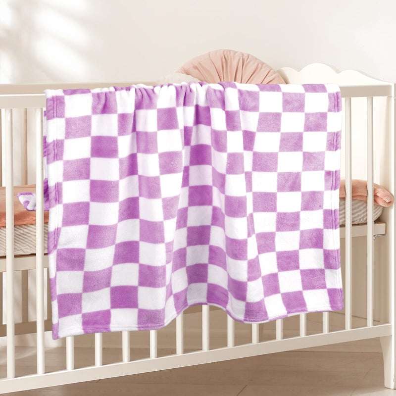 GreatBba Plush Checkered Baby Blanket for Boys Girls Nursery, 30"*40" Warm Short Fleece Blanket Neutral for Infant Newborn, Small Fuzzy for Sleeping, Chenille or Stroller (Purple&White) - Image 3
