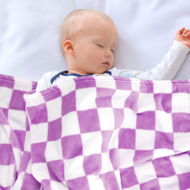 GreatBba Plush Checkered Baby Blanket for Boys Girls Nursery, 30"*40" Warm Short Fleece Blanket Neutral for Infant Newborn, Small Fuzzy for Sleeping, Chenille or Stroller (Purple&White) - Image 4