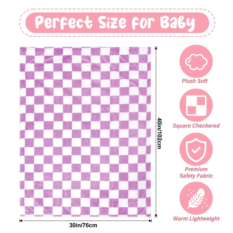 GreatBba Plush Checkered Baby Blanket for Boys Girls Nursery, 30"*40" Warm Short Fleece Blanket Neutral for Infant Newborn, Small Fuzzy for Sleeping, Chenille or Stroller (Purple&White) - Image 5