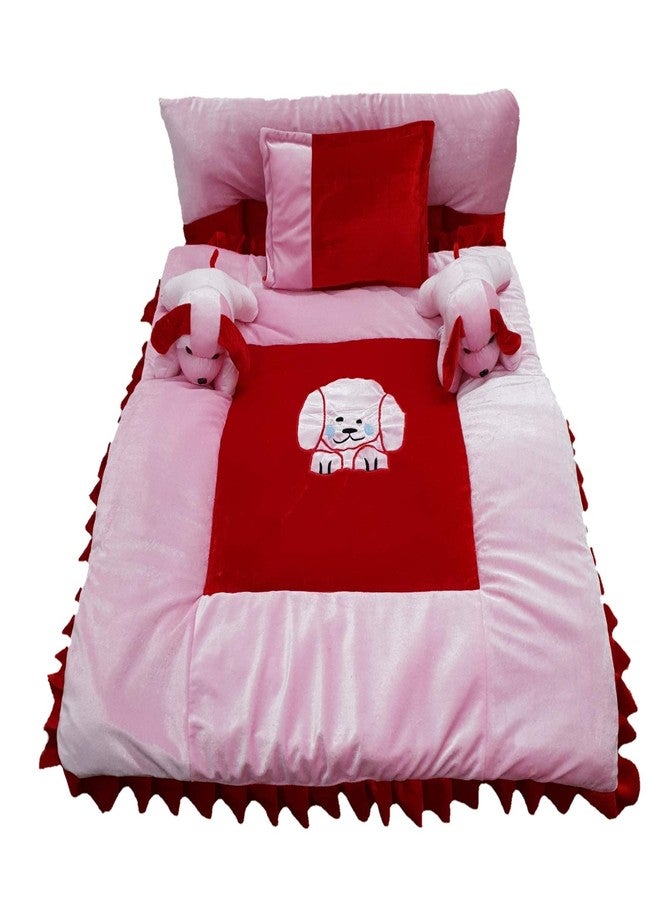Pinks & Blues Smarty Full Sleeping Baby Bedding Set in Velvet with 2 Side Pillows in a Shape of Puppies (Pink RED) (0-24 Months) - Image 1