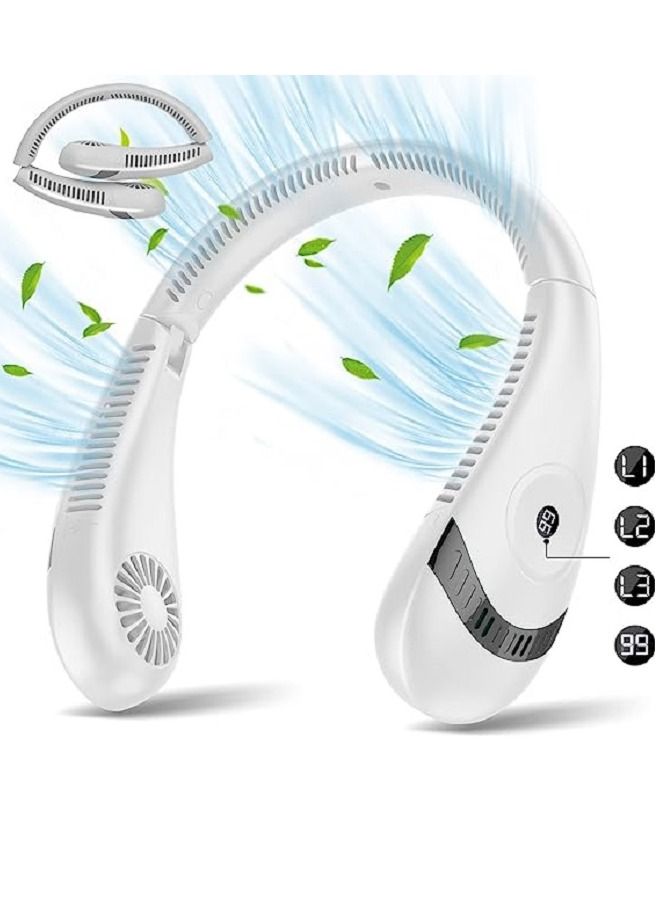 LED Display,Hiking Neck Fan, 5000mAh Foldable Neck Fan, 360°Cooling Airflow, USB Rechargeable Bladeless Portable Neck Fan with 3 Speeds Adjustment,Personal Fan for Outdoor Travel Indoor (White) - Image 1