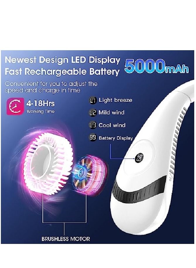 LED Display,Hiking Neck Fan, 5000mAh Foldable Neck Fan, 360°Cooling Airflow, USB Rechargeable Bladeless Portable Neck Fan with 3 Speeds Adjustment,Personal Fan for Outdoor Travel Indoor (White) - Image 4