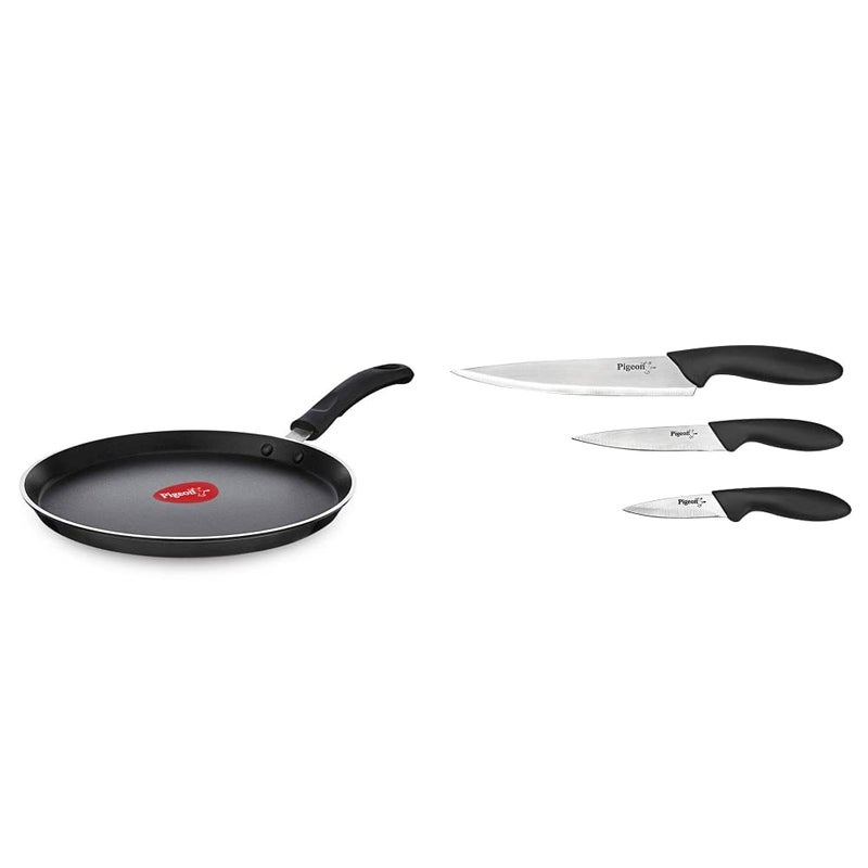 pigeon Pigeon by Stovekraft Special NonStick Aluminium Flat Tawa 280mm Black Stainless Steel Kitchen Knives Set 3Pieces Multicolour Combo  - Image 1