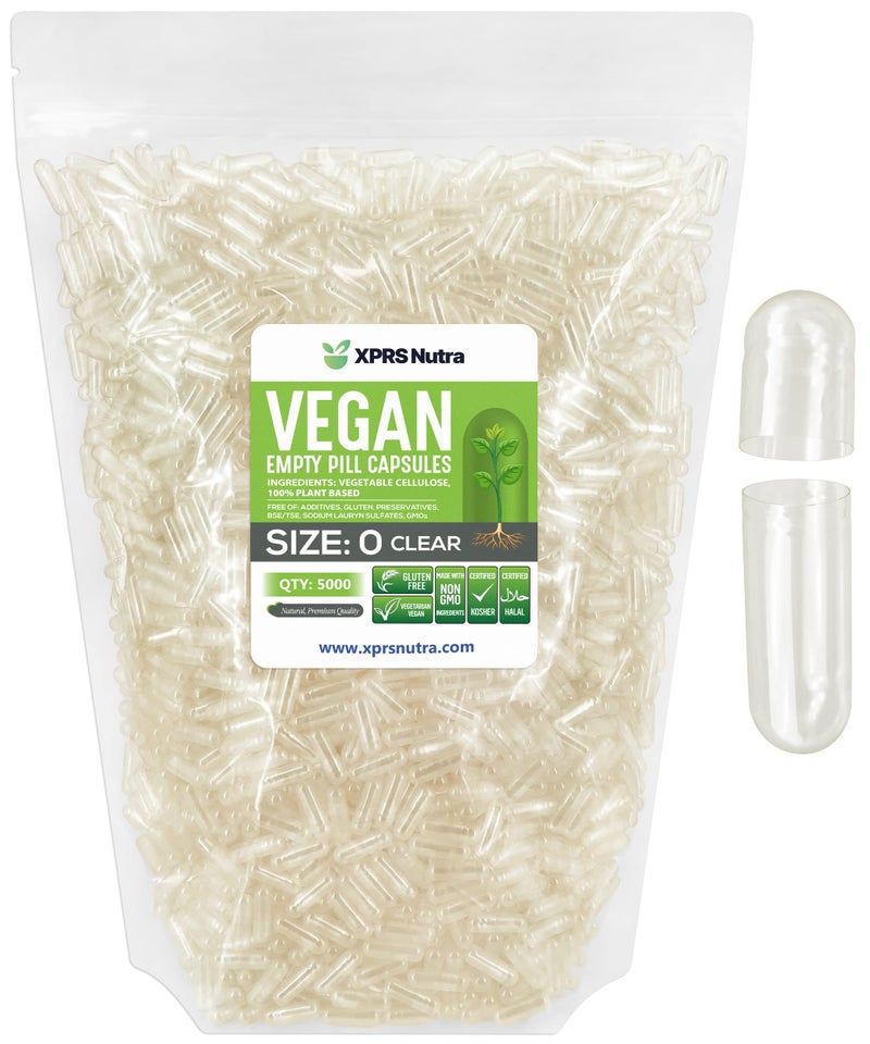 XPRS Nutra Size 0 Empty Capsules 5000 Count Clear Empty Vegan Capsules Vegetarian Pills DIY Vegetable Capsule Filling Veggie Pill Caps for DoItYourself Supplements