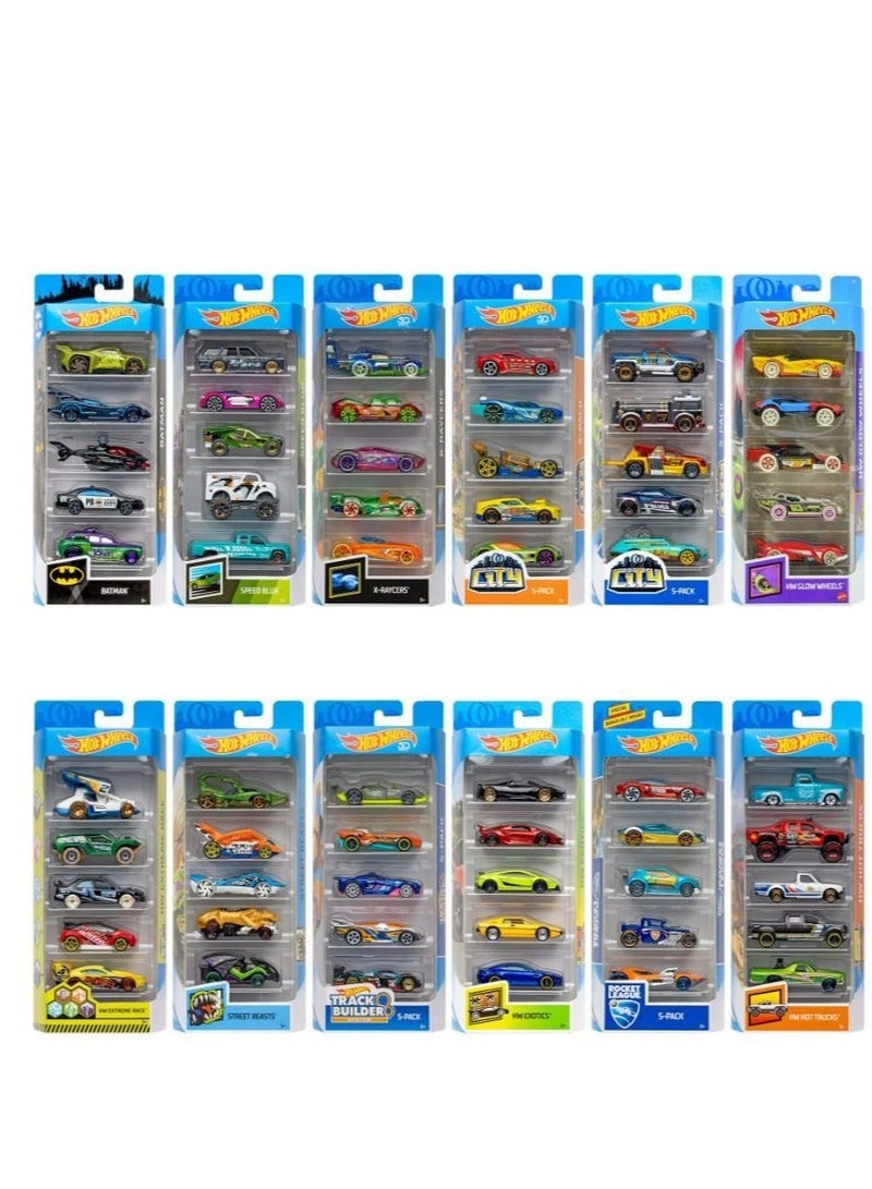 هوت ويلز سيارات ألعاب "هوت ويلز" (Hot Wheels) المصبوبة بمقياس 1:64 - مجموعة من 5 سيارات سباق، أو سيارات "هوت رودز" (Hot Rods)، أو سيارات مستوحاة من شخصيات، أو شاحنات إنقاذ أو شاحنات صغيرة (قد تختلف التصاميم) - Image 1