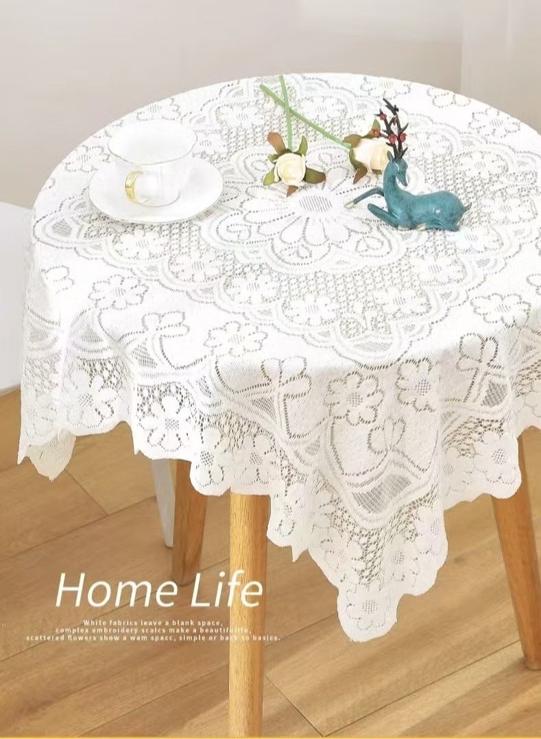 Lace Square Tablecloth 90 x 90 cm Elegant White Bedside Table Cover Embroidery Flower Design Table Overlays Dust Proof Cover Table Cloth Mat Bedroom Decor - Image 1