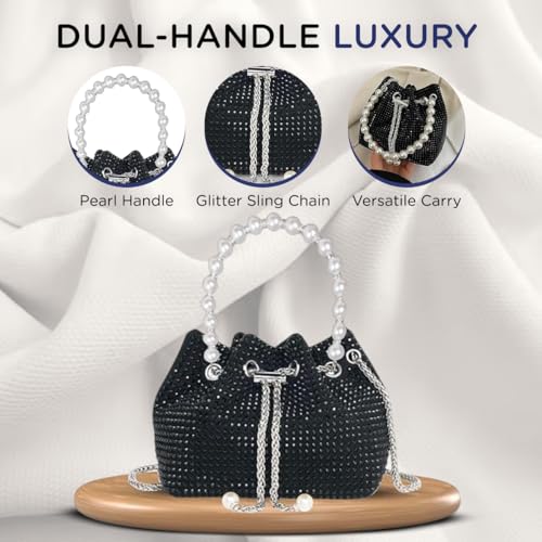 DOSYSO Rhinestone Bucket Bag Mini Evening Pearl Handle Handbags Clutch For Women Drawstring Crossbody Sling Bags with Chain Strap Stylish Potli Bags Ladies Purse for Party Wedding Bling Black - Image 3