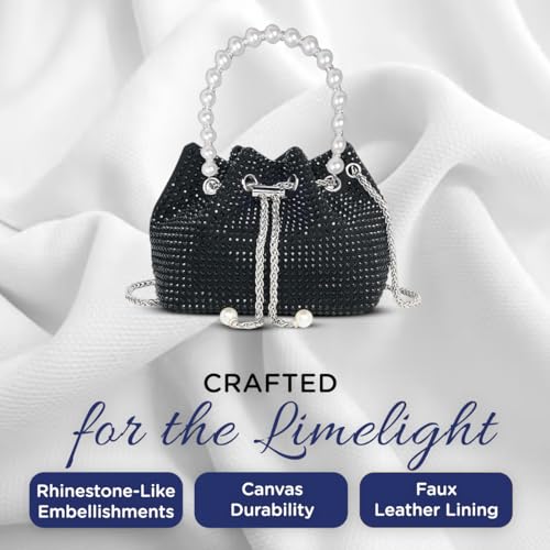DOSYSO Rhinestone Bucket Bag Mini Evening Pearl Handle Handbags Clutch For Women Drawstring Crossbody Sling Bags with Chain Strap Stylish Potli Bags Ladies Purse for Party Wedding Bling Black - Image 5