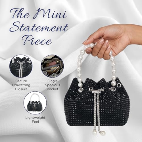 DOSYSO Rhinestone Bucket Bag Mini Evening Pearl Handle Handbags Clutch For Women Drawstring Crossbody Sling Bags with Chain Strap Stylish Potli Bags Ladies Purse for Party Wedding Bling Black - Image 2
