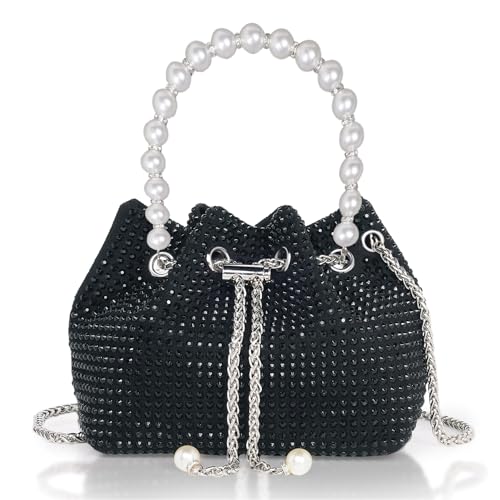 DOSYSO Rhinestone Bucket Bag Mini Evening Pearl Handle Handbags Clutch For Women Drawstring Crossbody Sling Bags with Chain Strap Stylish Potli Bags Ladies Purse for Party Wedding Bling Black - Image 1