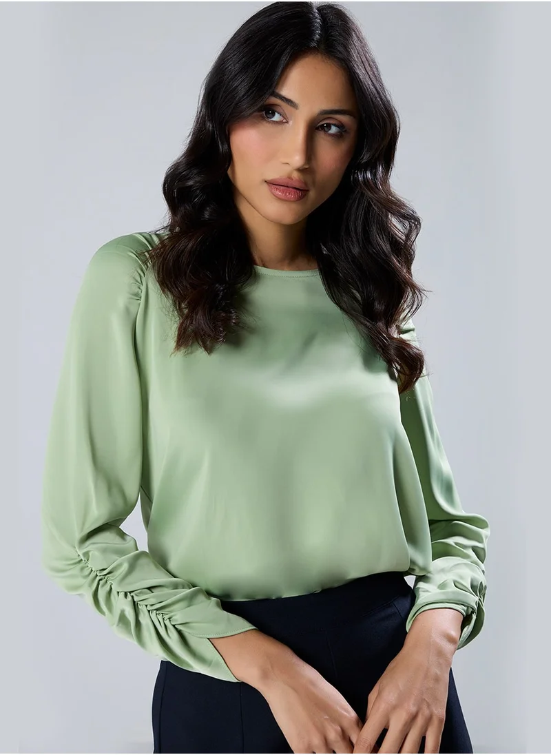 Zigzag Long Sleeve Gathered Satin Green Top