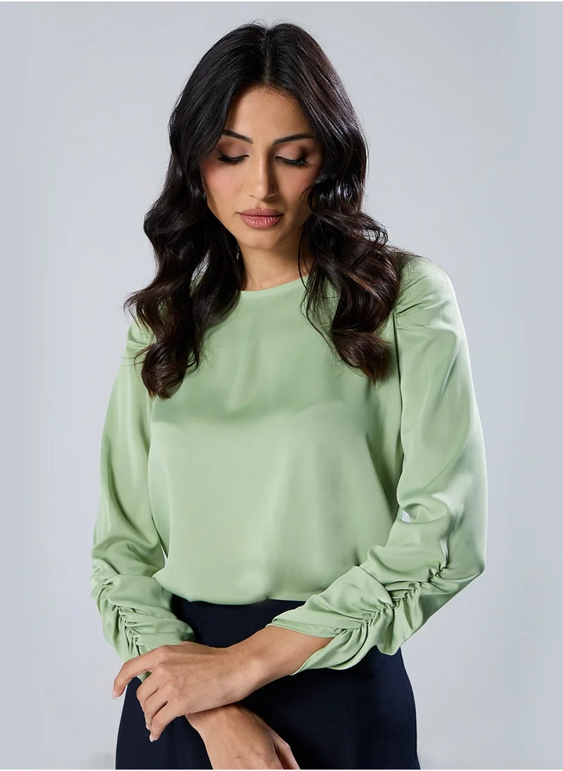 Zigzag Long Sleeve Gathered Satin Green Top