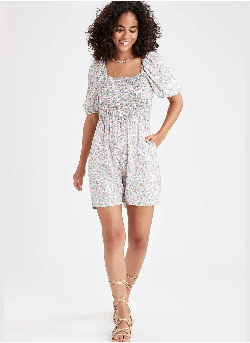 DeFacto Relaxed Fit Floral Patterned Square Collar Romper With Pockets