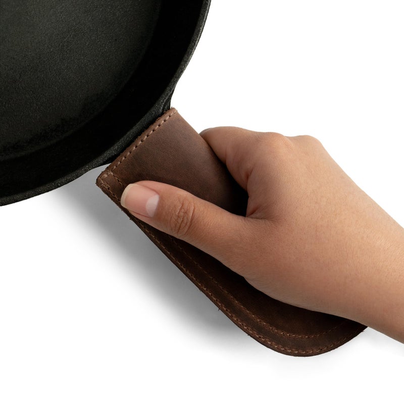 Hide & Drink, Full Grain Leather Hot Handle, Cast Iron Protector, Panhandle Potholder, Double Layered, Double Stitched, Slides On/Off Easily onto Metal Skillet Grips, Handmade, Bourbon Brown - Image 3