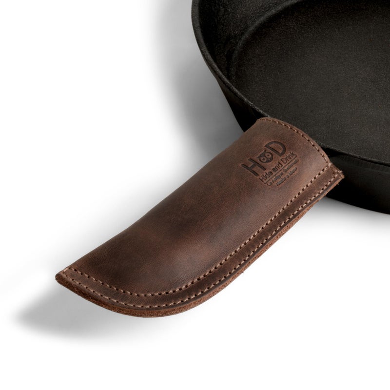 Hide & Drink, Full Grain Leather Hot Handle, Cast Iron Protector, Panhandle Potholder, Double Layered, Double Stitched, Slides On/Off Easily onto Metal Skillet Grips, Handmade, Bourbon Brown - Image 1