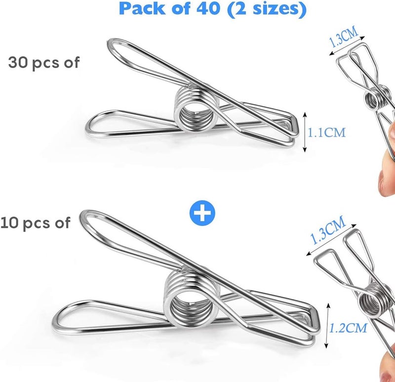 Cozy Clothespins Clips Pack of 40 Long-Lasting Strong-Grip Multi-Purpose Metal Chip Clip for Clothes Kitchen 2 Sizes (30 Medium Clips 5.5CM Long 10 pcs of Bigger Clips Length of 6.5CM) - Image 2
