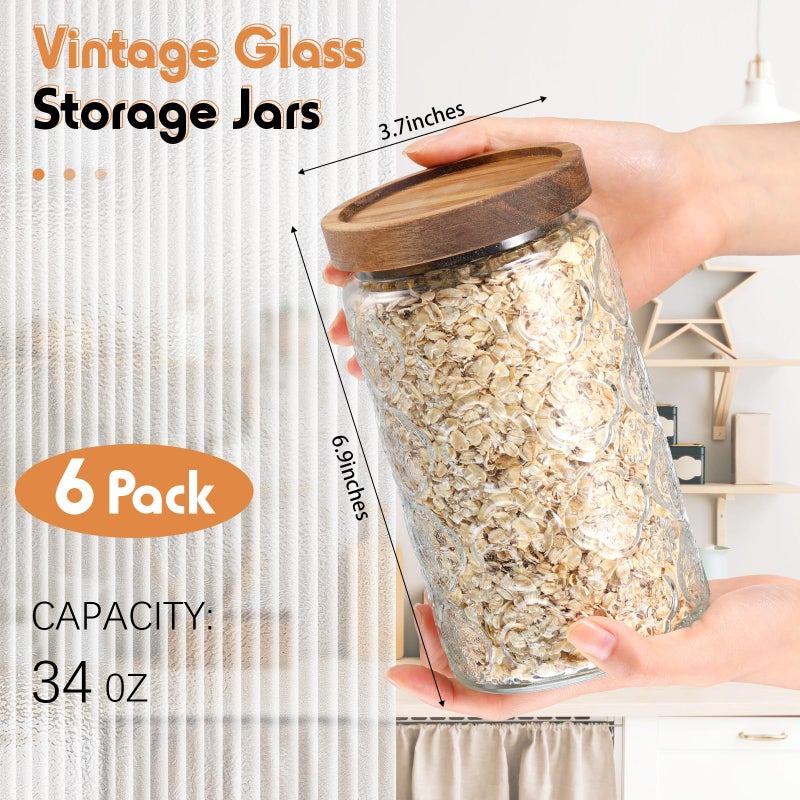 Domensi 6 Pcs Vintage Glass Jars 34 oz Glass Storage Jars with Lids Begonia Pattern Airtight Storage Jars for Kitchen Counter, Pantry, Coffee Bean, Grains, Tea, Sugar, Flour, Candy, Oats - Image 2