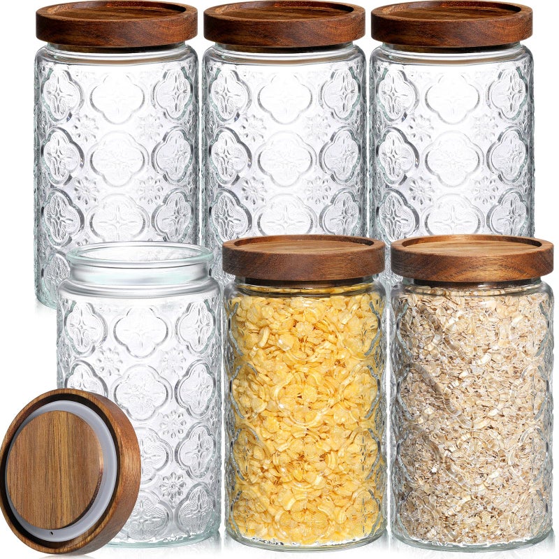 Domensi 6 Pcs Vintage Glass Jars 34 oz Glass Storage Jars with Lids Begonia Pattern Airtight Storage Jars for Kitchen Counter, Pantry, Coffee Bean, Grains, Tea, Sugar, Flour, Candy, Oats - Image 1