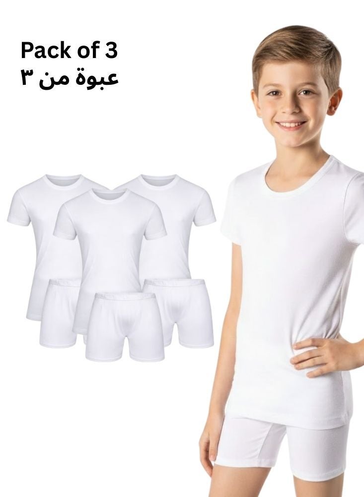 DROSH V Boys White Innerwear Pack of 3 – Cotton Half Sleeve Vest and Shorts Set for Kids - Image 1