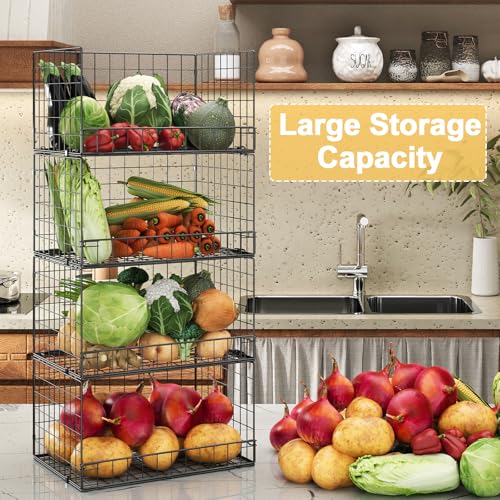 Huxitocan 4 Pack Stackable Wire Baskets for Pantry Organizers and Storage, Large Pantry Basket for Snack Organizer, Foldable Fruit and Vegetable Storage Bin Store Can Onion Potato for Kitchen Cabinet/Countertop - Image 4