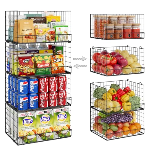 Huxitocan 4 Pack Stackable Wire Baskets for Pantry Organizers and Storage, Large Pantry Basket for Snack Organizer, Foldable Fruit and Vegetable Storage Bin Store Can Onion Potato for Kitchen Cabinet/Countertop - Image 1