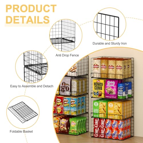 Huxitocan 4 Pack Stackable Wire Baskets for Pantry Organizers and Storage, Large Pantry Basket for Snack Organizer, Foldable Fruit and Vegetable Storage Bin Store Can Onion Potato for Kitchen Cabinet/Countertop - Image 5