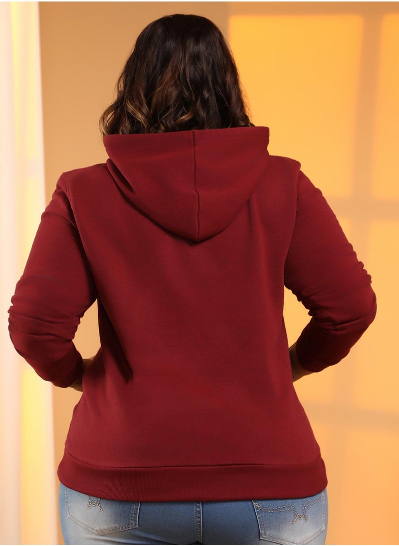 Instafab Plus Women's Wine Red Solid Pullover Hoodie  - Image 3