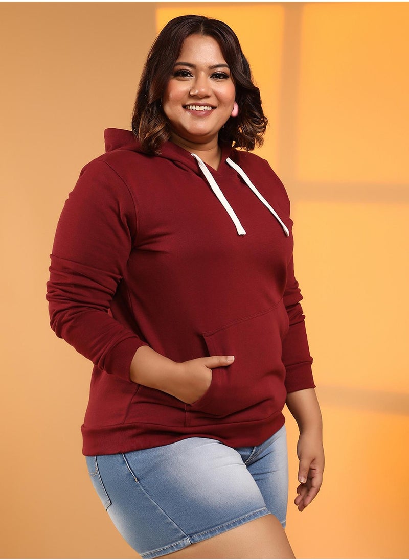 Instafab Plus Women's Wine Red Solid Pullover Hoodie  - Image 4