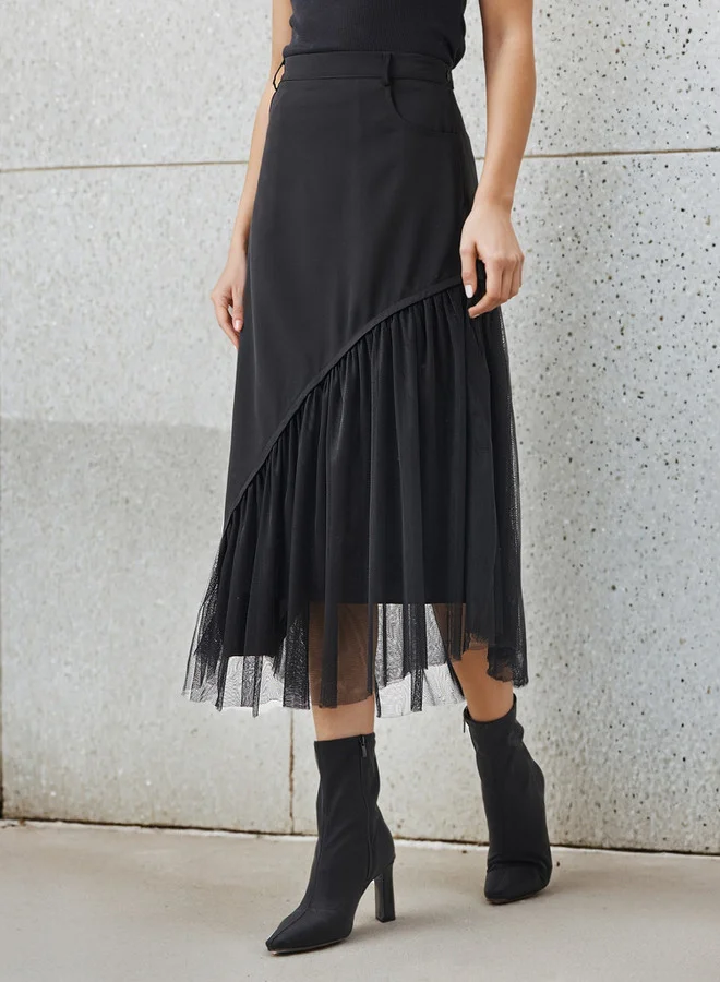 تواكستريمز تنورة ميدي شبكية بوليستر بحافة غير متماثلة